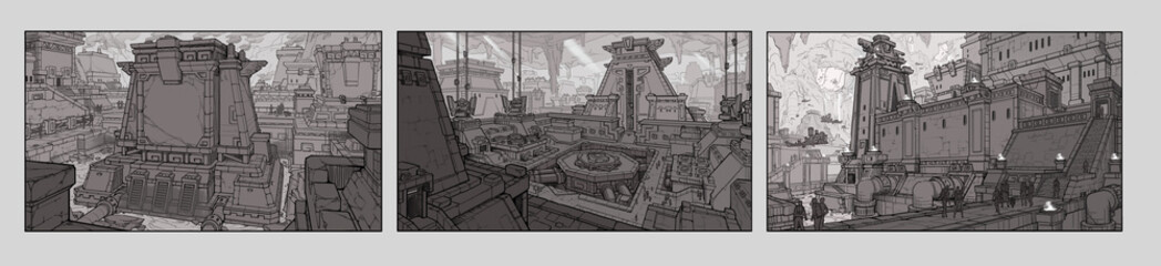 A beautiful scenery set of sci-fi fantasy Aztec architecture concept design sketches. © Asanee