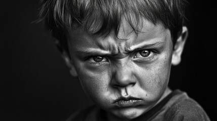 Obraz premium Portrait of an expressive angry young boy with tousled light brown hair and intense facial features against a soft dark background.