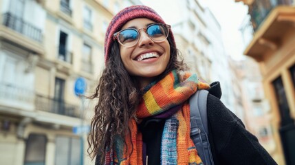 Fototapeta premium Smiling young Latin woman with curly hair wearing colorful scarf and beanie walking joyfully in a sunny urban street exploring the city
