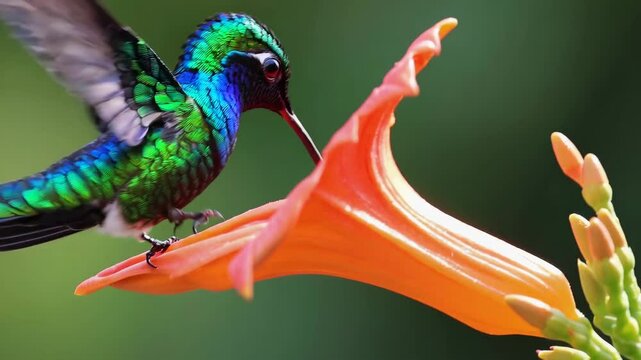 hummingbird sipping nectar from a trumpet-shaped flower