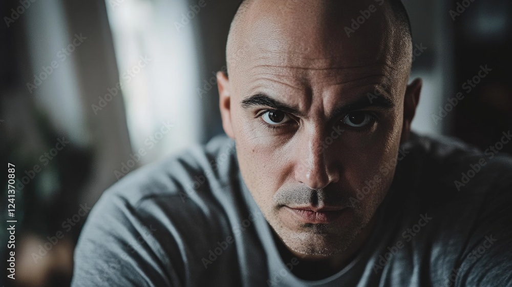 Poster intense portrait of a bald man in a gray shirt gazing directly into the camera with a focused expres