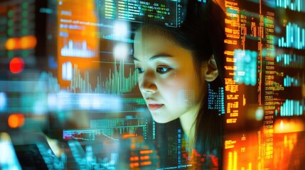 Asian woman in a modern office intently scrolling on a digital tablet with vibrant graphs and trading screens overlaid, embodying business and technology concepts.