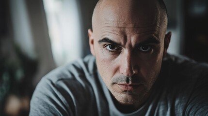 Fototapeta premium Intense portrait of a bald man in a gray shirt gazing directly into the camera with a focused expression in a softly lit environment.