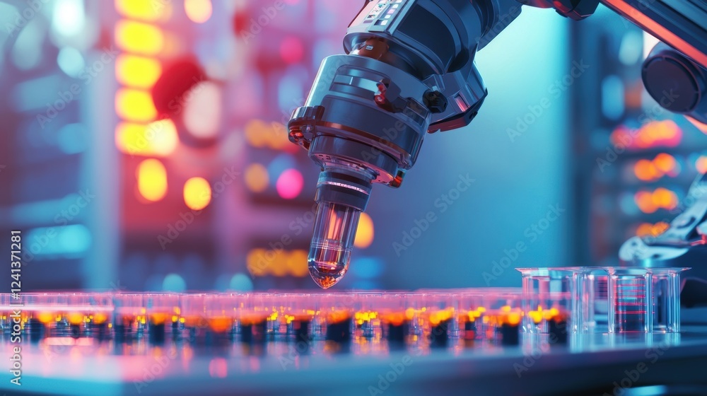 Poster a closeup of a robotic arm equipped with advanced sensors and a suction tool poised over an array of