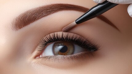 Naklejka premium Close-up of a cosmetologist applying eyebrow pencil for permanent makeup tattooing on a woman's brow in a beauty salon with neutral tones