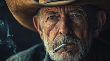 Senior Cowboy with Grey Beard Smoking Cigarette Under Leather Cowboy Hat in Rustic Outdoor Setting with Smoky Atmosphere