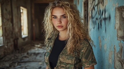 Naklejka premium Young military woman with curly blond hair in Ukrainian army uniform and black T-shirt, three-quarter portrait captured in an abandoned building with distressed interior and natural light.