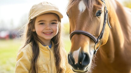 Smiling young girl with long brown hair wearing a yellow jacket and cap, beside a brown horse stallion in a vibrant spring meadow setting.