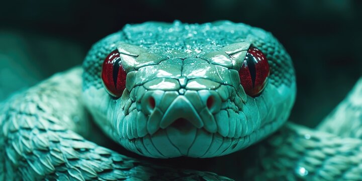 Red-eyed snake, python, green backdrop