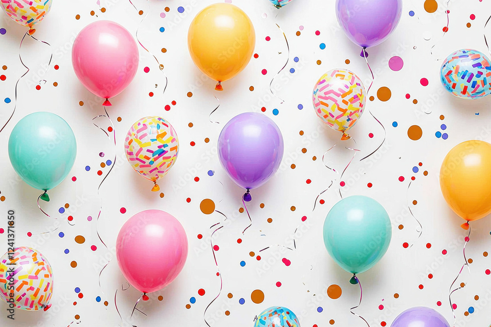 Poster colorful pattern of balloons and streamers creating a festive atmosphere on a white background