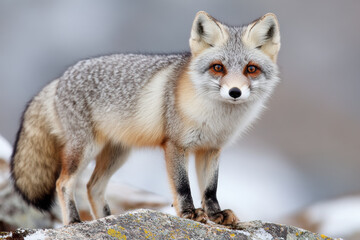 Red fox with piercing eyes standing on snowy rocks in natural habitat during winter