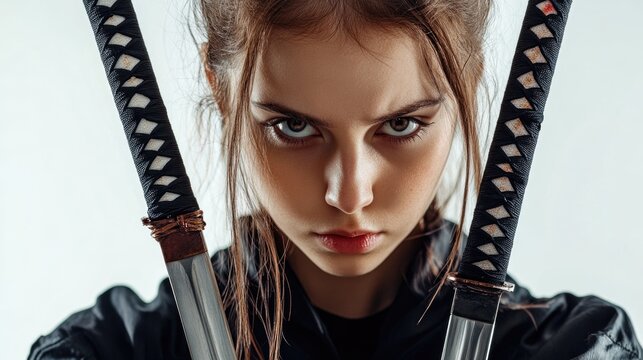 Determined young woman kneeling with two swords against a white background showcasing strength and focus with dark hair and intense gaze.
