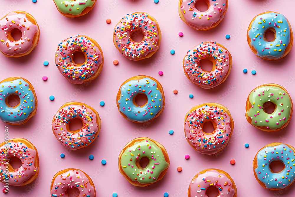 Poster tiny donuts with colorful frosting and sprinkles scattered on a pastel pink background create a whim