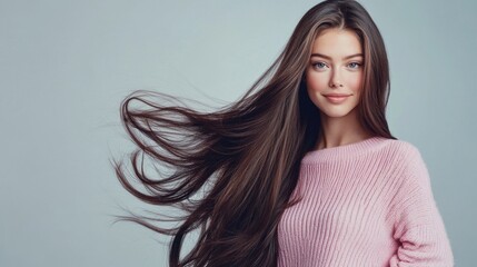 Fototapeta premium Portrait of a smiling young woman with long flowing dark hair wearing a cozy pink sweater and blue jeans against a light gray studio backdrop.