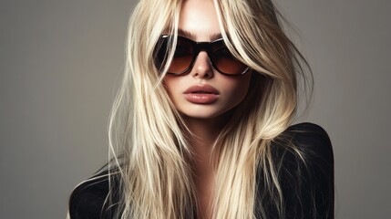 Naklejka premium close-up portrait of a stunning young woman with long platinum blond hair wearing oversized sunglasses on a neutral gray background showcasing natural beauty