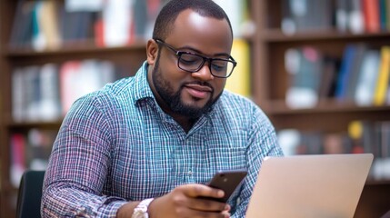 Male professional using smartphone while working on laptop in modern office setting, focused expression, plaid shirt, library books in background.