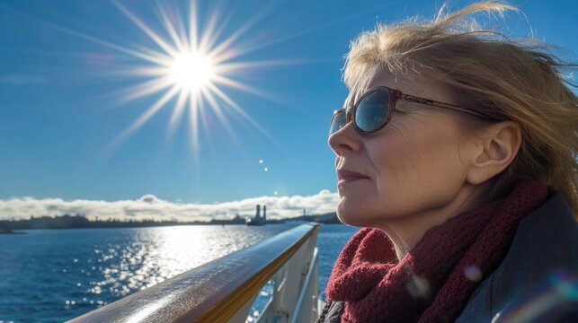 Woman enjoying sunny day on Silja Line ferry from Stockholm to Helsinki, gazing over railing with sun shining brightly over calm blue water.