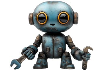 Cute blue metallic robot toy with oversized head, playful pose, holding wrench, steampunk aesthetic, vintage sci-fi design, rust and gear details, chibi proportions, collectible figurine

