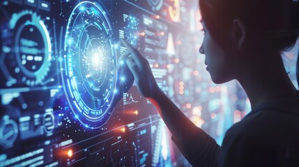 Female scientist interacting with futuristic transparent display, working late at night in a modern laboratory