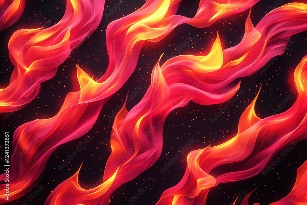 Poster dynamic pattern of bold red and orange flames on dark background creates an intense visual experienc