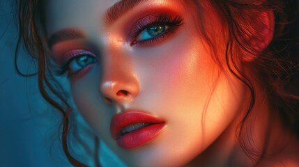 Fototapeta premium Gradient portrait of a young woman with vibrant makeup showcasing bare shoulders, captivating blue eyes, and radiant skin tones in artistic lighting.