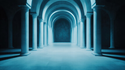 Fototapeta premium Mystical corridor with ancient stone pillars and arched ceiling, ambient blue light creating a mysterious atmosphere