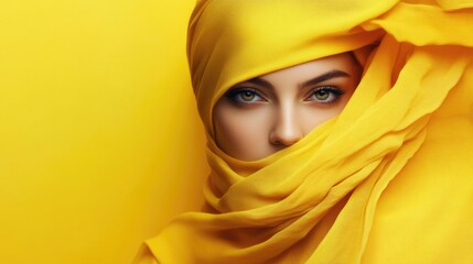Fototapeta premium Elegant woman with captivating blue eyes wearing a flowing yellow headscarf against a vibrant yellow background showcasing beauty and fashion.