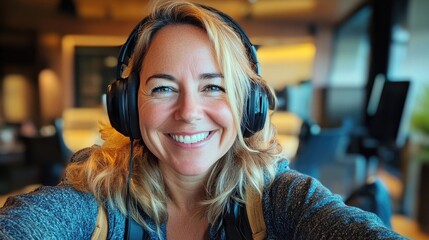 Smiling middle-aged woman with blonde hair wearing black headphones takes a cheerful selfie indoors reflecting digital comfort and connectivity in warm tones.