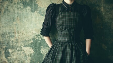 Victorian working-class woman in dark green checked bodice and skirt with apron standing against textured vintage wall in soft light
