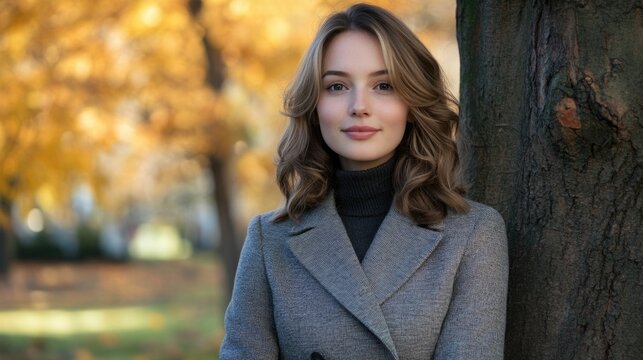Portrait of a young woman with light brown hair wearing an elegant gray coat standing by a tree in a serene autumn park with golden leaves