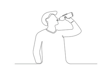 Man drinking water from bottle isolated line drawing. Drinking water concept hand-drawn illustration.