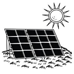 Black and white illustration of a solar farm under a sun 5