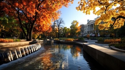 Serene autumn park scene with vibrant foliage reflecting in calm water, showcasing nature's beauty