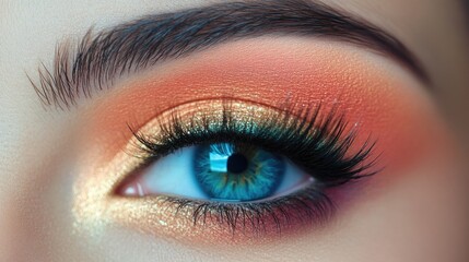 Obraz premium Vibrant close-up of a woman's eye featuring striking blue iris, long black eyelashes, and colorful makeup in warm orange and gold hues.