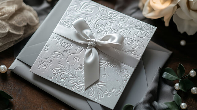 Metallic silver wedding invitations with embossed floral design and satin bow on wooden background
