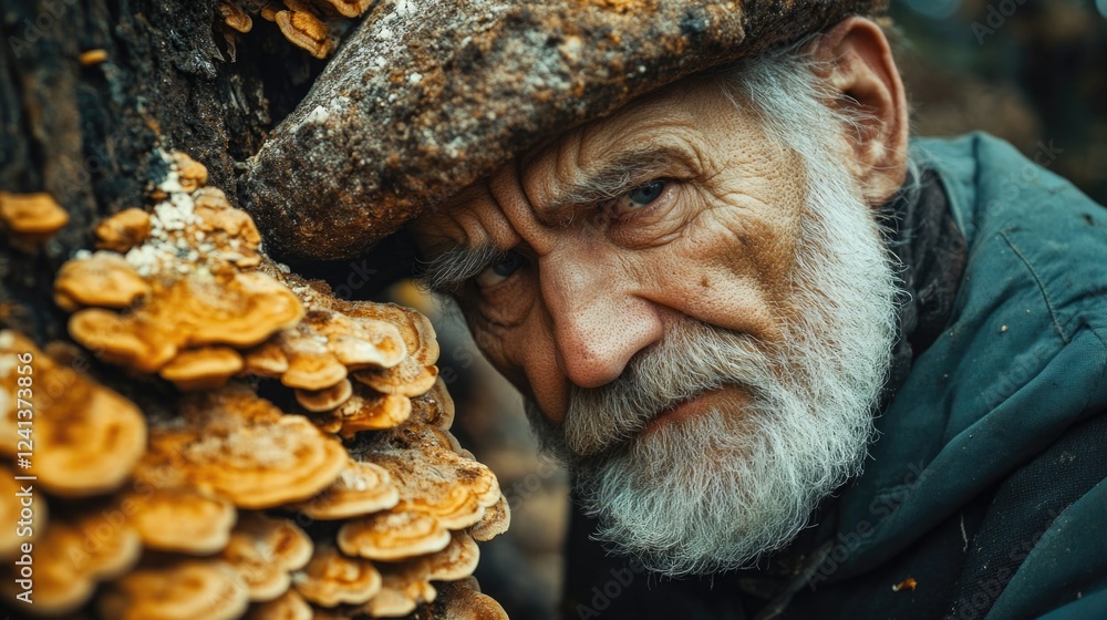 Poster elderly man with gray beard and distressed expression examining decaying fungi on tree trunk in fore
