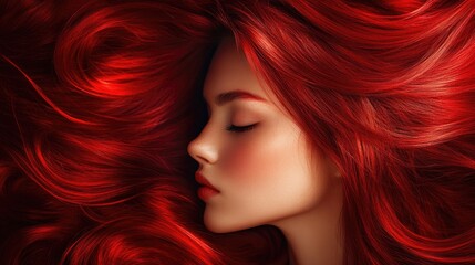 Fototapeta premium Portrait of a young woman with flowing vibrant red hair, soft makeup, closed eyes, and delicate features, set against a rich, textured background.