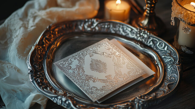 Metallic silver wedding invitations with ornate pattern on silver tray with candles and soft fabric