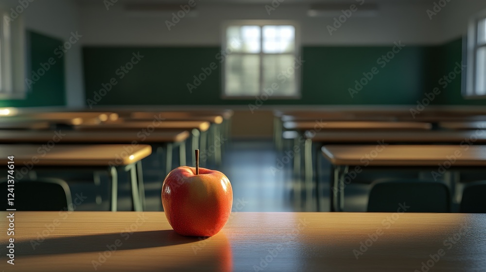 Poster warm 3d styled apple in textured classroom setting