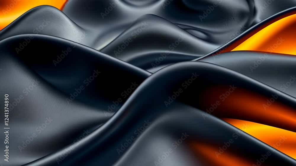 Poster abstract design of black and orange fabric waves creating a striking visual texture in contemporary 