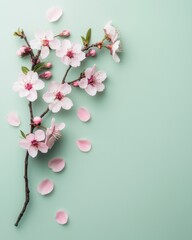 Spring Cherry Blossom Branch on Mint Green Background - Minimalist Flat Lay with Copy Space