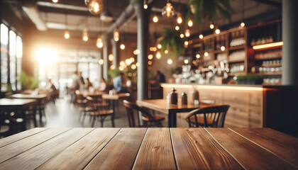 cafe restaurant shop interior empty wooden table blurry bokeh effect background light decor. perfect for product display placement montage photoshoot indoor high quality counter top warm cozy back