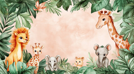 Naklejka premium A watercolor-style cartoon frame of safari animals borders a cute zoo background.