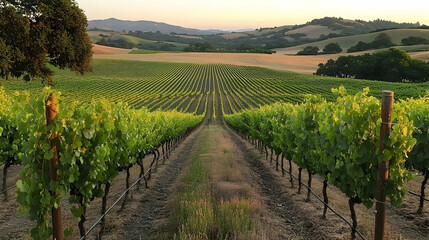 Fototapeta premium Vineyards in Napa Valley at sunset with rolling hills