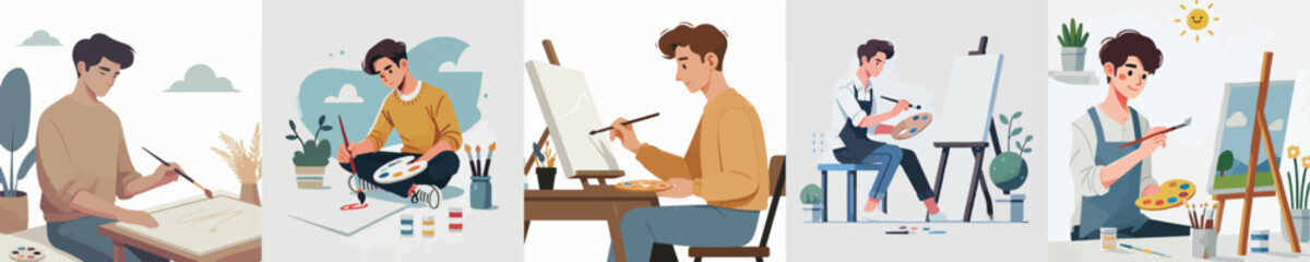 vector group of young people painting