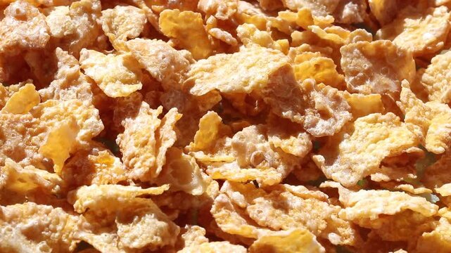 Close up macro of cornflakes spinning.