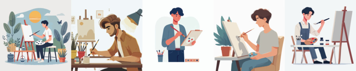 vector group of young people painting