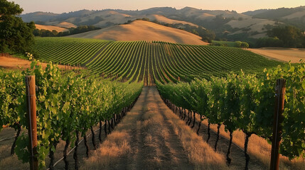 Fototapeta premium Vineyards in Napa Valley at sunset with rolling hills