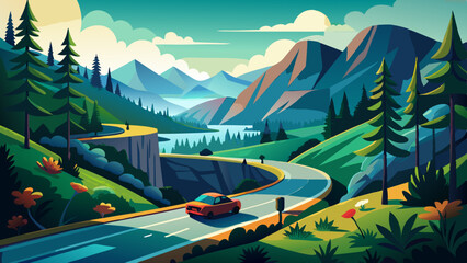 a mountainous, winding road. On a tight lane, there are two cars approaching each other to pass. a lush forest surrounds you. © williamnoah