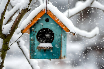 Naklejka premium Colorful birdhouse covered in snow hanging from a tree